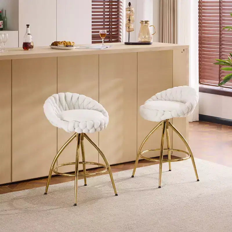 Karl Home Lot de 2 tabourets de bar pivotants blancs avec revêtement en tissu bouclette et pieds en fer doré galvanisé