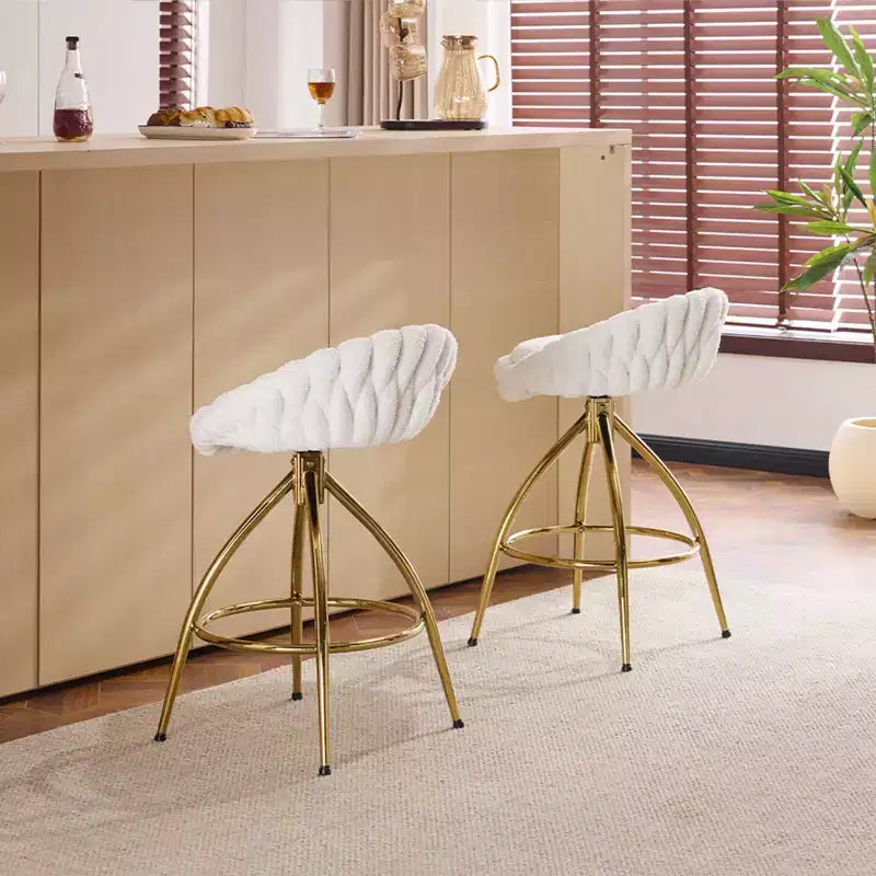 Karl Home Lot de 2 tabourets de bar pivotants blancs avec revêtement en tissu bouclette et pieds en fer doré galvanisé