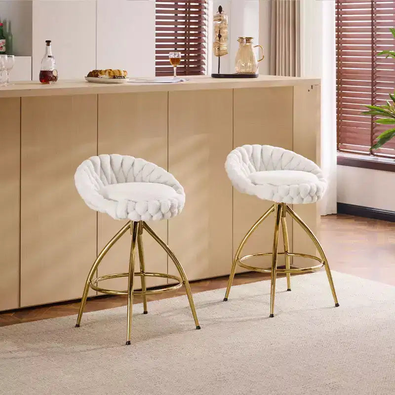 Karl Home Lot de 2 tabourets de bar pivotants blancs avec revêtement en tissu bouclette et pieds en fer doré galvanisé