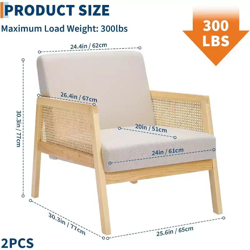 2 Fauteuils d'appoint modernes du milieu du siècle, Chaises confortables avec pieds en bois robustes, dossier en rotin et coussin épais en lin beige, pour chambre à coucher, balcon
