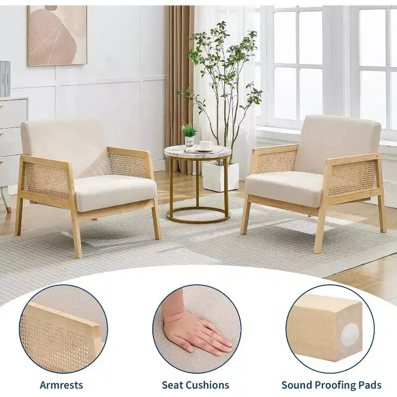 2 Fauteuils d'appoint modernes du milieu du siècle, Chaises confortables avec pieds en bois robustes, dossier en rotin et coussin épais en lin beige, pour chambre à coucher, balcon