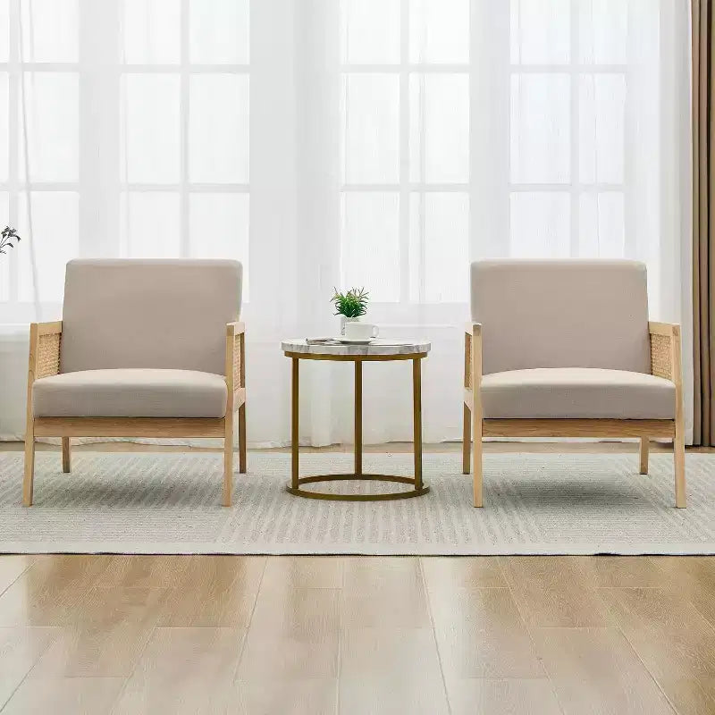 2 Fauteuils d'appoint modernes du milieu du siècle, Chaises confortables avec pieds en bois robustes, dossier en rotin et coussin épais en lin beige, pour chambre à coucher, balcon