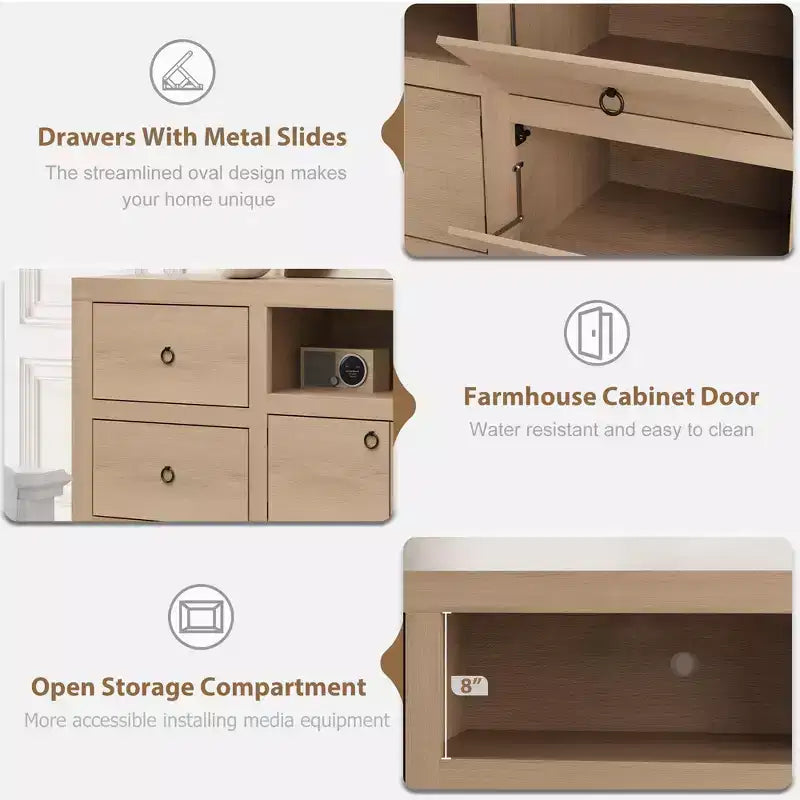 Meuble TV de style rustique avec 6 tiroirs et étagère pour barre de son pour téléviseurs jusqu'à 80 pouces