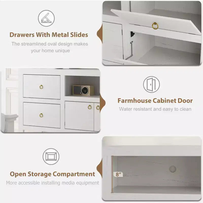 Meuble TV de style rustique avec 6 tiroirs et étagère pour barre de son pour téléviseurs jusqu'à 80 pouces