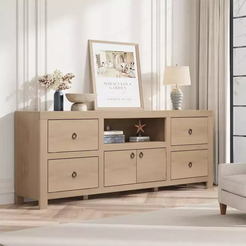 Meuble TV de style rustique avec 6 tiroirs et étagère pour barre de son pour téléviseurs jusqu'à 80 pouces