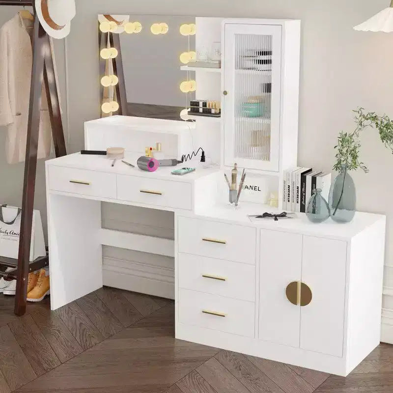 Coiffeuse de maquillage avec lumières, prise USB et de courant et armoire à tiroirs