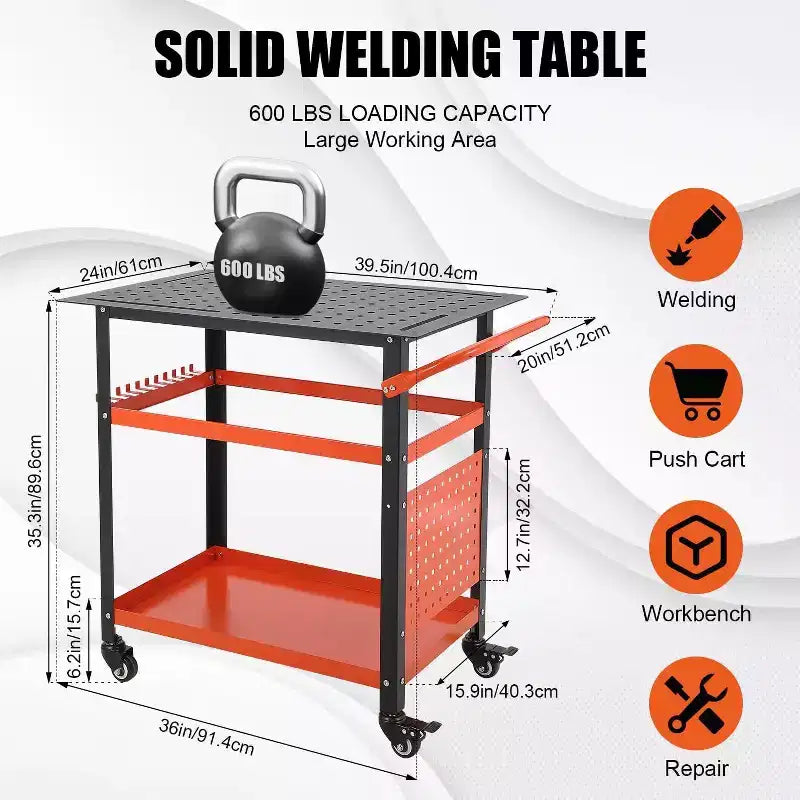 Table de soudure roulante portative Acekool 36x24 avec plateau en acier, panneau perforé, trous de 5/8 po, fentes à outils, étagère de rangement, capacité de 544 kg, orange