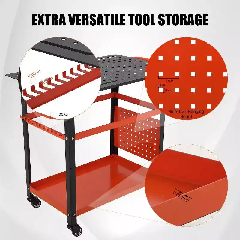 Table de soudure roulante portative Acekool 36x24 avec plateau en acier, panneau perforé, trous de 5/8 po, fentes à outils, étagère de rangement, capacité de 544 kg, orange