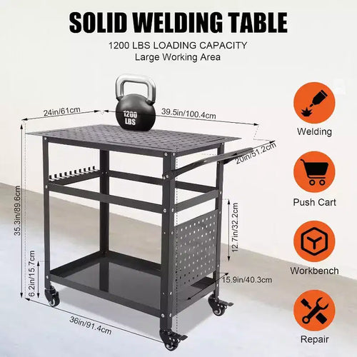 Table de soudure roulante portative Acekool 36x24 avec plateau en acier, panneau perforé, trous de 5/8 po, fentes à outils, étagère de rangement, capacité de 544 kg, orange