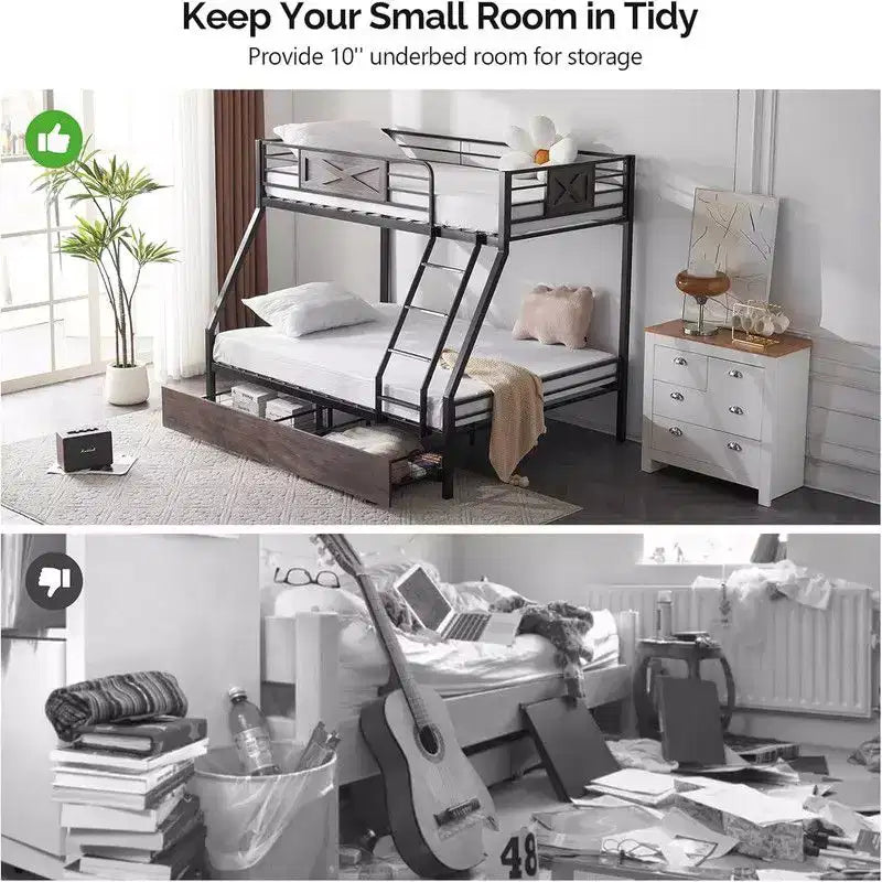 Lit superposé Karl Home, deux places au-dessus d'un lit double, avec 2 tiroirs de rangement, support à lattes métalliques robuste, sommier tapissier non requis