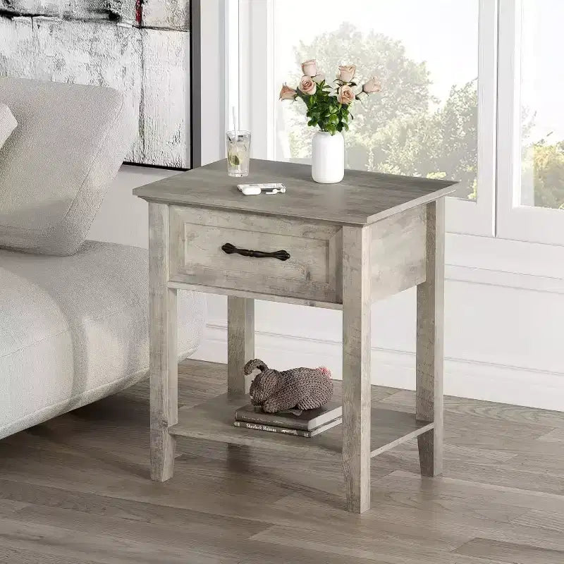 GustoWave Tables de chevet, Table d'appoint avec tiroir, Table d'appoint pour petits espaces, 2 étagères de rangement avec commode, Table de chevet
