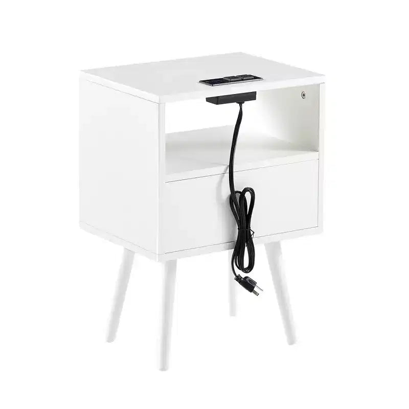 Table de chevet avec station de recharge, table d'appoint en rotin, table d'appoint de 40 cm en bois avec rangement et tiroir, ports USB pour salon