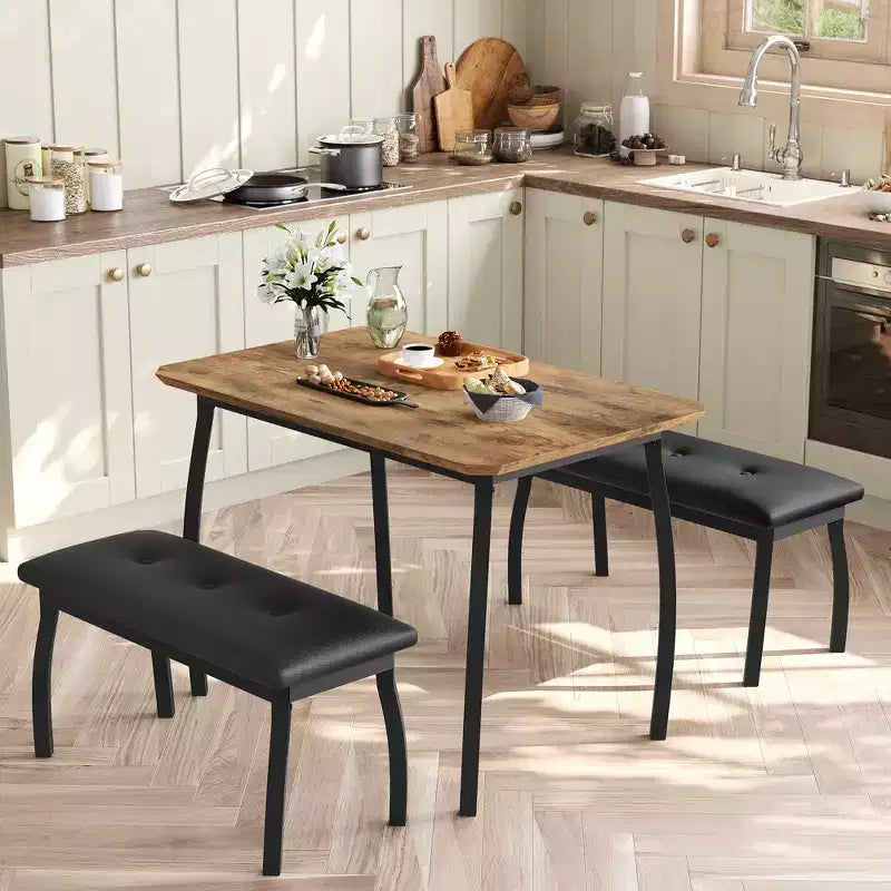 Ensemble table de salle à manger 4 places, table de cuisine à cadre métallique avec 2 bancs rembourrés, ensemble de 3 meubles de salle à manger pour appartement, studio, maison