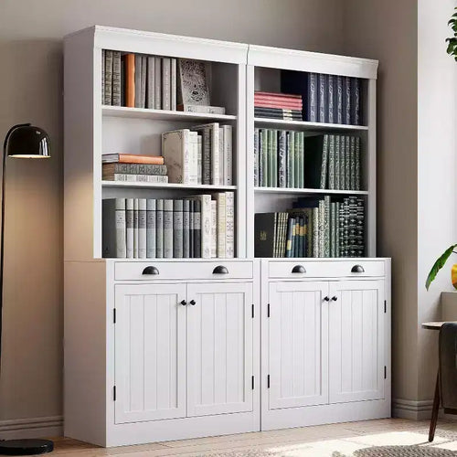 Acekool Modern Bookcase with Louvered Doors, Adjustable Shelves, Drawer & Cabinet, Set of 2, Safety Anti-Tip, Black