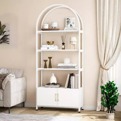 Arched Bookshelf, Bookcase w/Doors Storage, 71 Inches Tall Industrial Book Shelf with Sturdy Metal Frame, Freestanding Display Shelving Unit