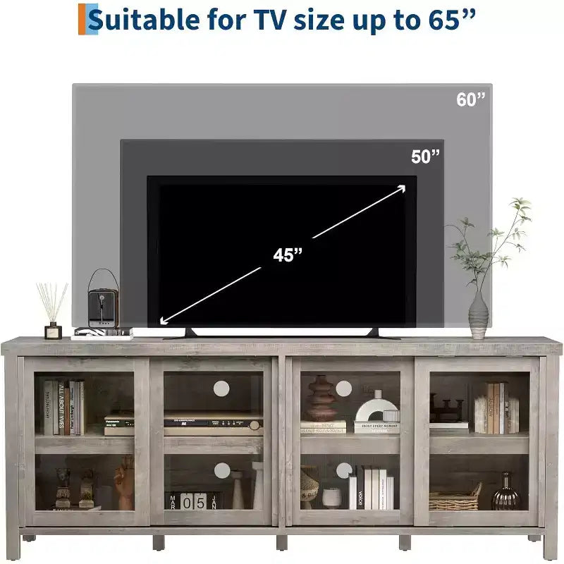 Meuble TV de 165 cm, meuble de rangement avec 4 portes coulissantes en verre, console TV multimédia de style moderne du milieu du siècle pour salon
