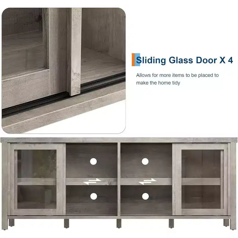 Meuble TV de 165 cm, meuble de rangement avec 4 portes coulissantes en verre, console TV multimédia de style moderne du milieu du siècle pour salon