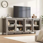 Meuble TV de 165 cm, meuble de rangement avec 4 portes coulissantes en verre, console TV multimédia de style moderne du milieu du siècle pour salon