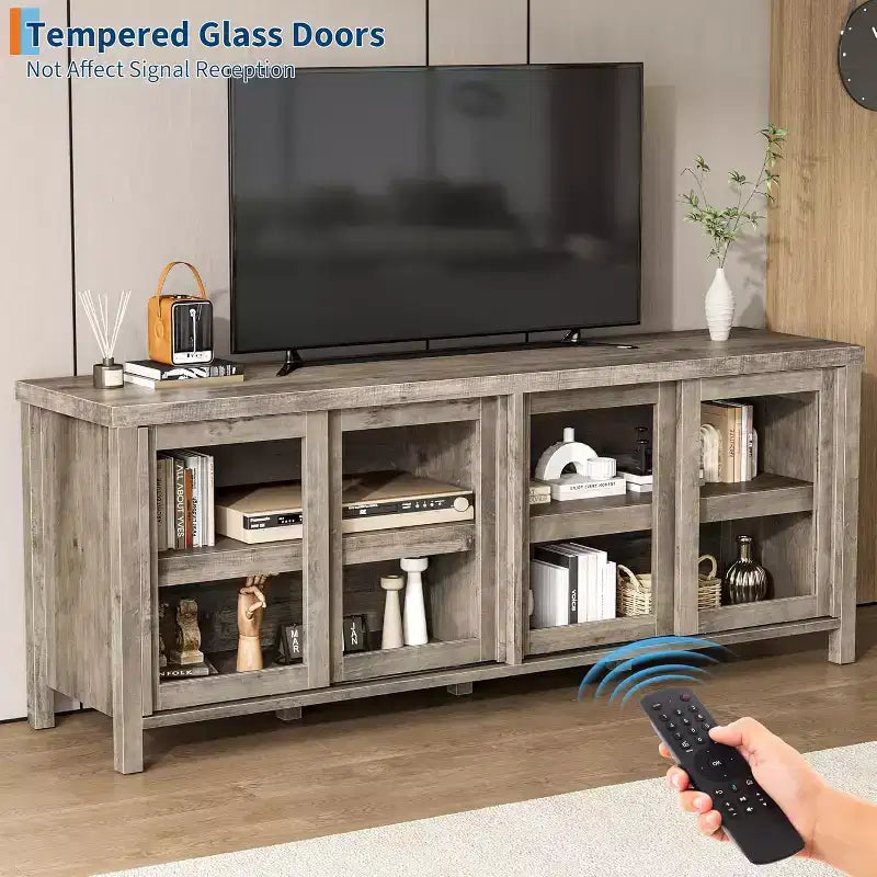 Meuble TV de 165 cm, meuble de rangement avec 4 portes coulissantes en verre, console TV multimédia de style moderne du milieu du siècle pour salon
