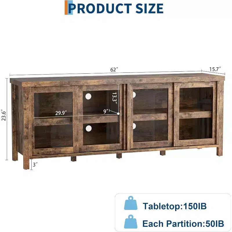 Meuble TV de 165 cm, meuble de rangement avec 4 portes coulissantes en verre, console TV multimédia de style moderne du milieu du siècle pour salon