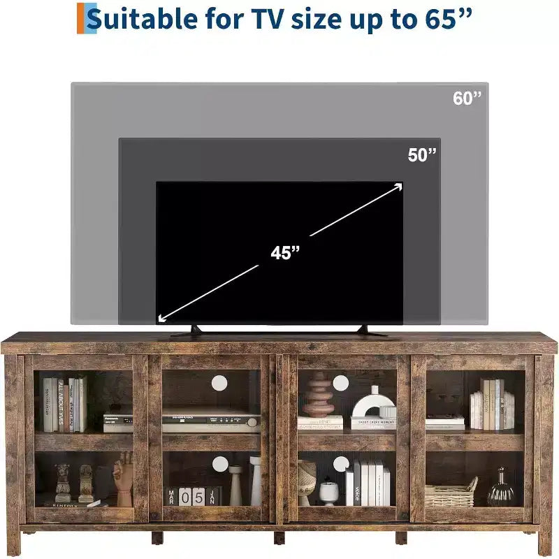 Meuble TV de 165 cm, meuble de rangement avec 4 portes coulissantes en verre, console TV multimédia de style moderne du milieu du siècle pour salon