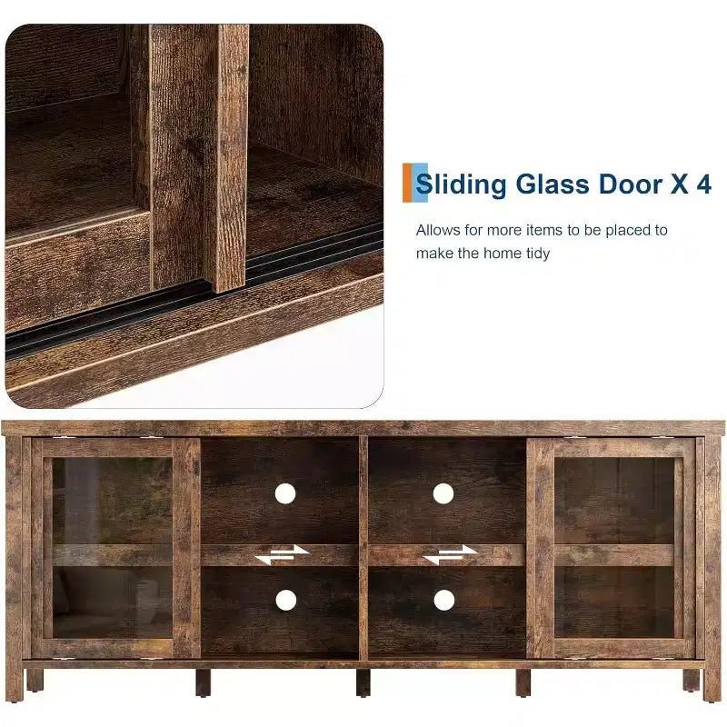 Meuble TV de 165 cm, meuble de rangement avec 4 portes coulissantes en verre, console TV multimédia de style moderne du milieu du siècle pour salon