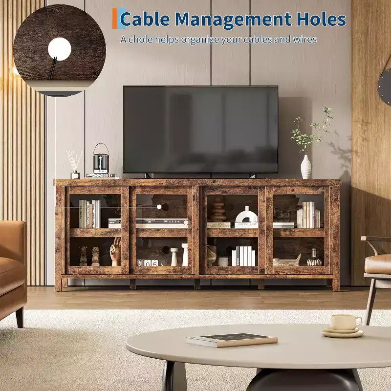 Meuble TV de 165 cm, meuble de rangement avec 4 portes coulissantes en verre, console TV multimédia de style moderne du milieu du siècle pour salon