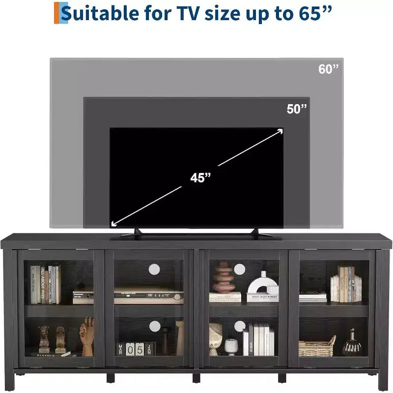 Meuble TV de 165 cm, meuble de rangement avec 4 portes coulissantes en verre, console TV multimédia de style moderne du milieu du siècle pour salon
