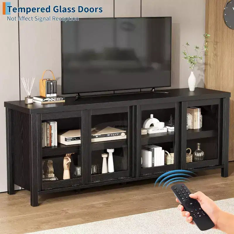 Meuble TV de 165 cm, meuble de rangement avec 4 portes coulissantes en verre, console TV multimédia de style moderne du milieu du siècle pour salon