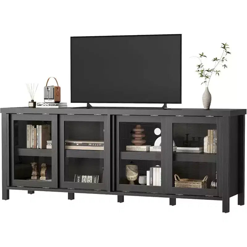 65 Inch TV Stand, Entertainment Center with Storage and 4 Sliding Glass Doors, Mid-Century Modern Media TV Console Table for Living Room