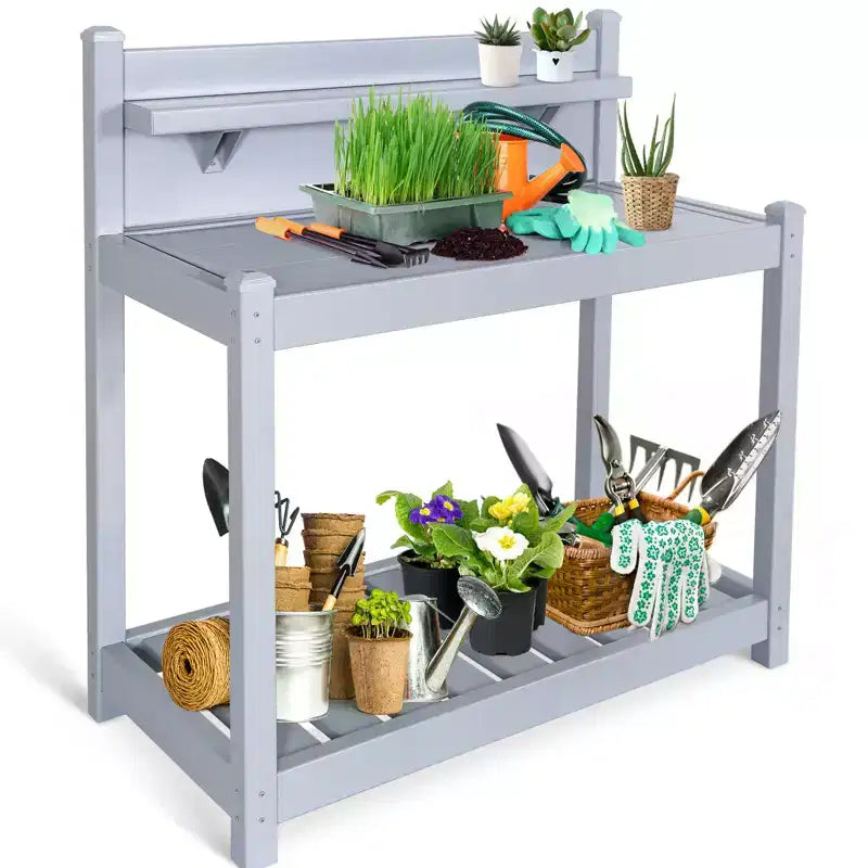 EAGLE PEAK Établi de jardinage en vinyle sans entretien pour l'extérieur et l'intérieur, table de rempotage étanche avec étagère ouverte, rangement inférieur, gris