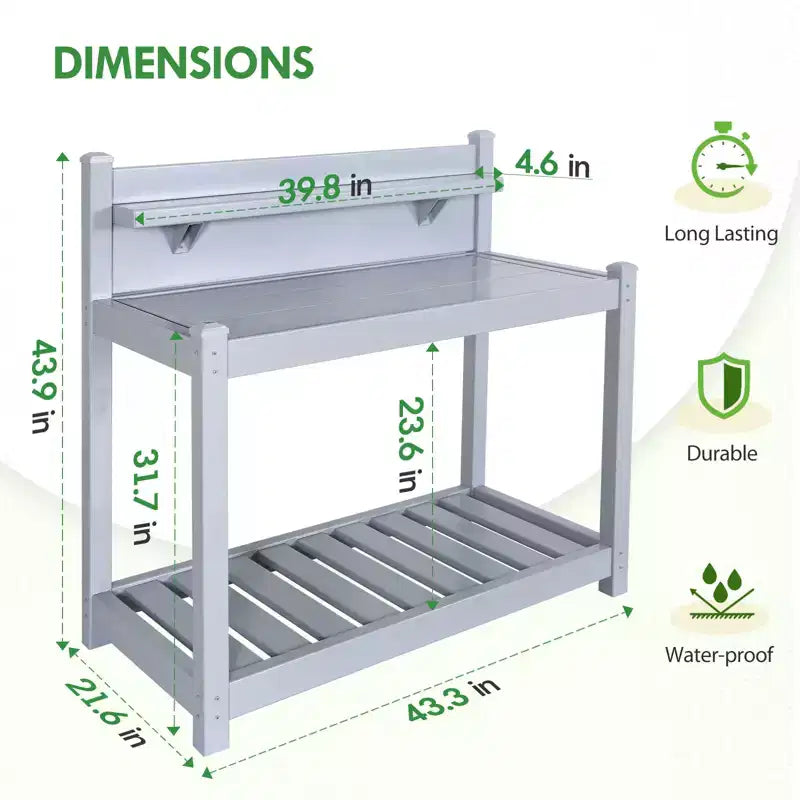 EAGLE PEAK Établi de jardinage en vinyle sans entretien pour l'extérieur et l'intérieur, table de rempotage étanche avec étagère ouverte, rangement inférieur, gris
