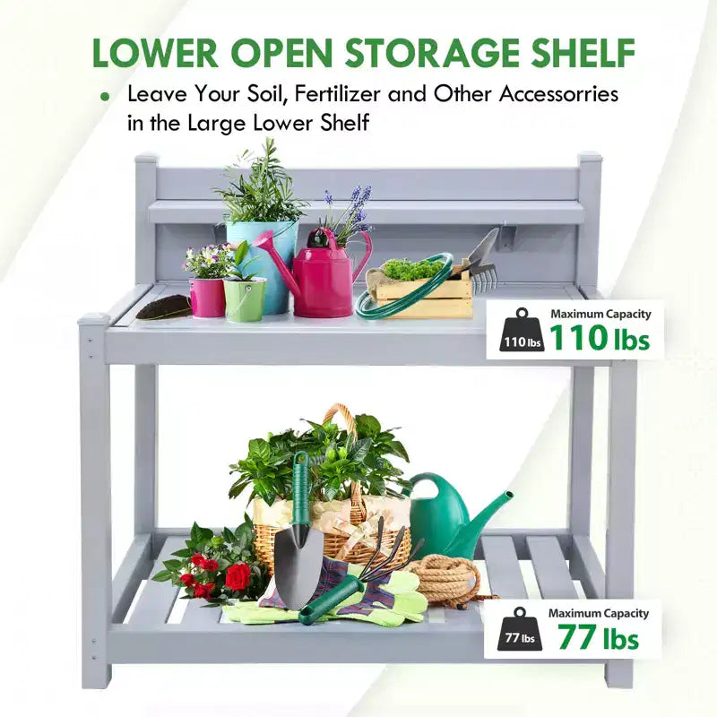 EAGLE PEAK Établi de jardinage en vinyle sans entretien pour l'extérieur et l'intérieur, table de rempotage étanche avec étagère ouverte, rangement inférieur, gris