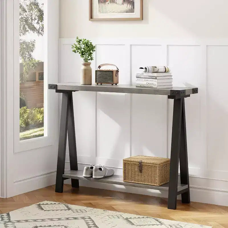 Table de console étroite de ferme, table de console de 43,3 pouces avec rangement, table de canapé à 2 niveaux avec cadre en métal et MDF, table de console étroite pour la maison