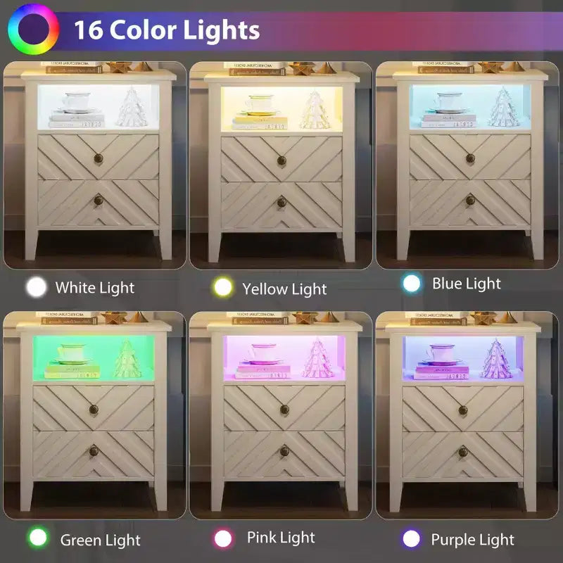 Table de chevet LED Coolmee avec 2 tiroirs de rangement et pieds, table de chevet de style ferme avec étagère de rangement ouverte, table de chevet rustique pour chambre à coucher ou salon