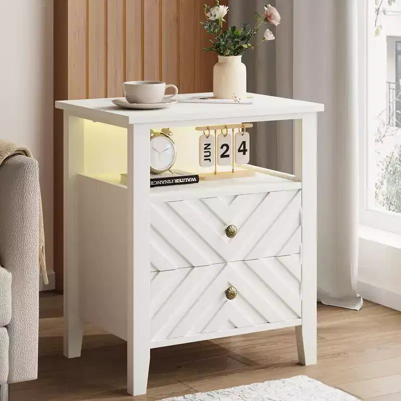 Table de chevet LED Coolmee avec 2 tiroirs de rangement et pieds, table de chevet de style ferme avec étagère de rangement ouverte, table de chevet rustique pour chambre à coucher ou salon