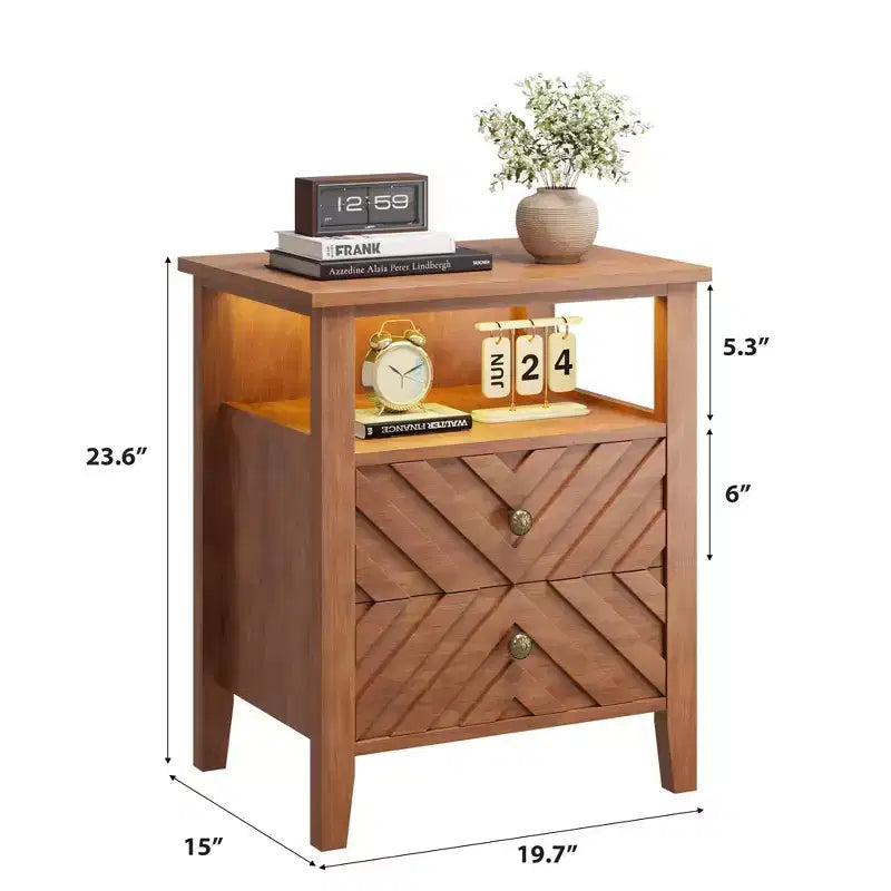 Table de chevet LED Coolmee avec 2 tiroirs de rangement et pieds, table de chevet de style ferme avec étagère de rangement ouverte, table de chevet rustique pour chambre à coucher ou salon