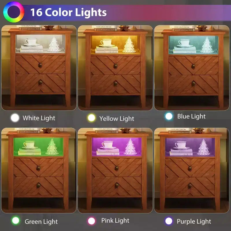 Table de chevet LED Coolmee avec 2 tiroirs de rangement et pieds, table de chevet de style ferme avec étagère de rangement ouverte, table de chevet rustique pour chambre à coucher ou salon