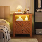 Table de chevet LED Coolmee avec 2 tiroirs de rangement et pieds, table de chevet de style ferme avec étagère de rangement ouverte, table de chevet rustique pour chambre à coucher ou salon