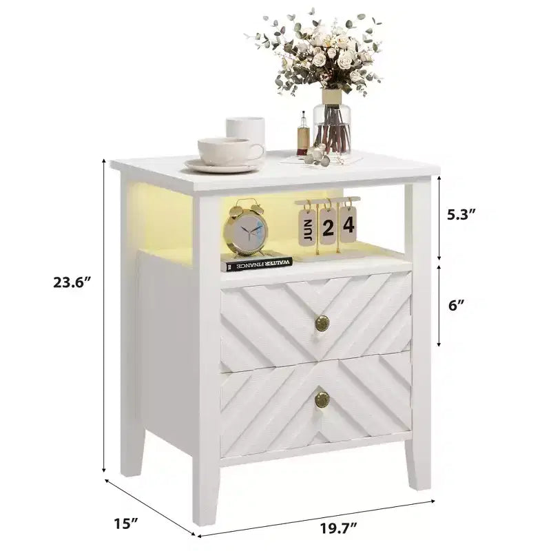 Table de chevet LED Coolmee avec 2 tiroirs de rangement et pieds, table de chevet de style ferme avec étagère de rangement ouverte, table de chevet rustique pour chambre à coucher ou salon