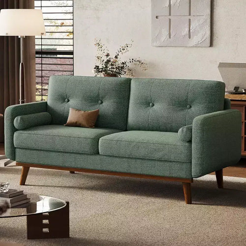 65 Mid Century Modern Loveseat Sofa, 2 Seater Linen Upholstered Couch with Button Tufted Design & Wood Legs for Living Room & Apartment