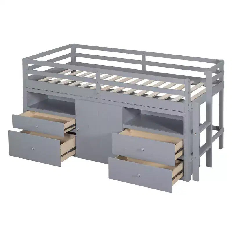 Lit mi-hauteur simple pour enfants, lit mezzanine simple en bois avec tiroirs de rangement, armoire et étagères inférieurs