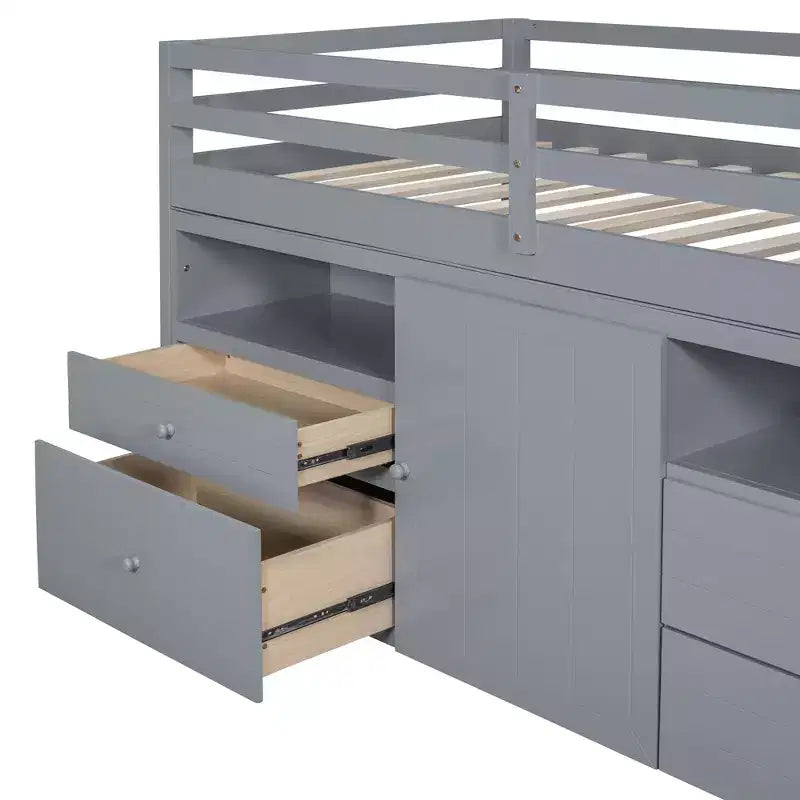 Lit mi-hauteur simple pour enfants, lit mezzanine simple en bois avec tiroirs de rangement, armoire et étagères inférieurs