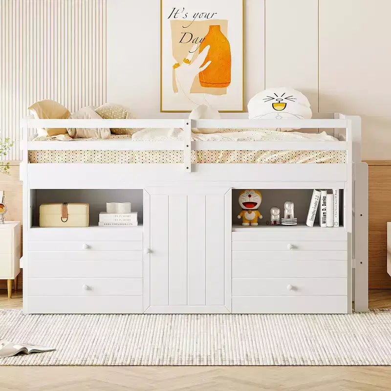 Lit mi-hauteur simple pour enfants, lit mezzanine simple en bois avec tiroirs de rangement, armoire et étagères inférieurs