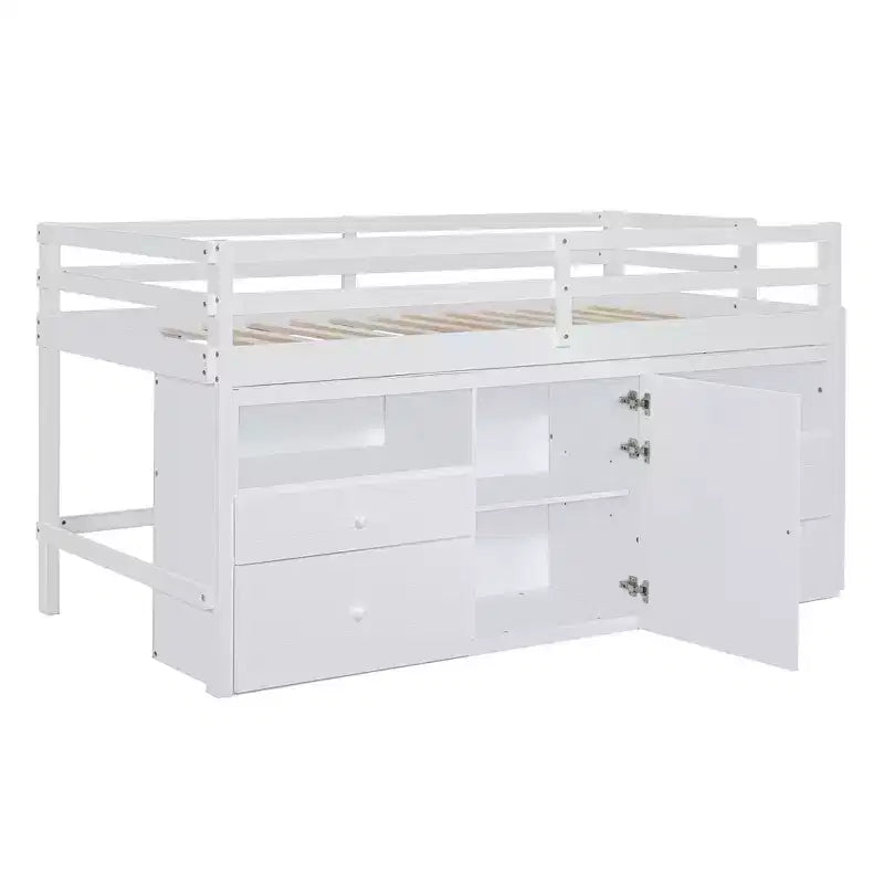 Lit mi-hauteur simple pour enfants, lit mezzanine simple en bois avec tiroirs de rangement, armoire et étagères inférieurs