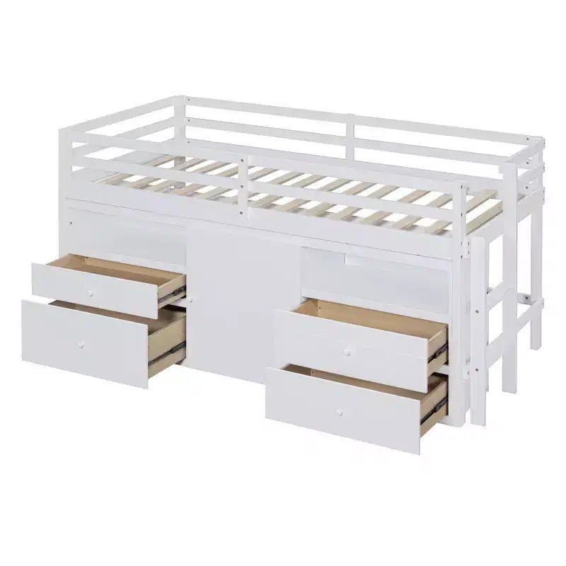 Lit mi-hauteur simple pour enfants, lit mezzanine simple en bois avec tiroirs de rangement, armoire et étagères inférieurs