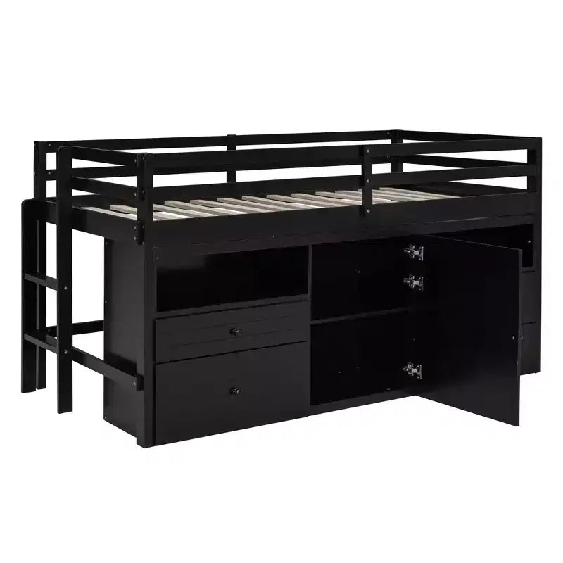 Lit mi-hauteur simple pour enfants, lit mezzanine simple en bois avec tiroirs de rangement, armoire et étagères inférieurs