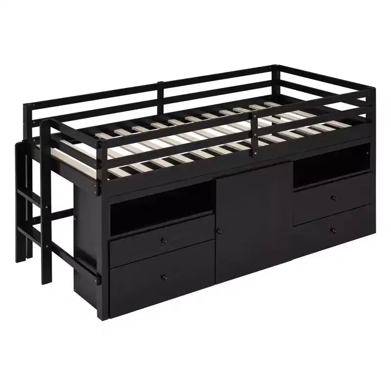 Lit mi-hauteur simple pour enfants, lit mezzanine simple en bois avec tiroirs de rangement, armoire et étagères inférieurs