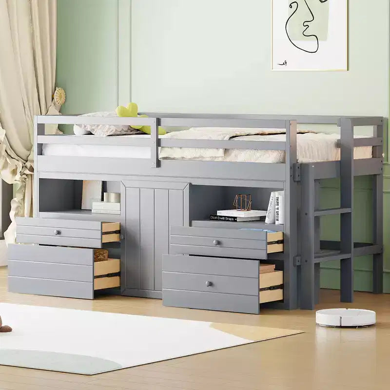 Lit mi-hauteur simple pour enfants, lit mezzanine simple en bois avec tiroirs de rangement, armoire et étagères inférieurs
