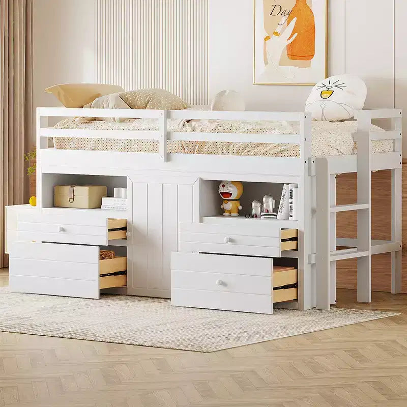 Lit mi-hauteur simple pour enfants, lit mezzanine simple en bois avec tiroirs de rangement, armoire et étagères inférieurs